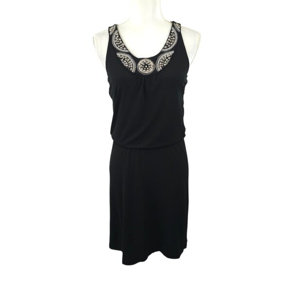 White House Black Market Beaded Neck Tank Dress XS Boho Embellished Cocktail LBD - Picture 3 of 16